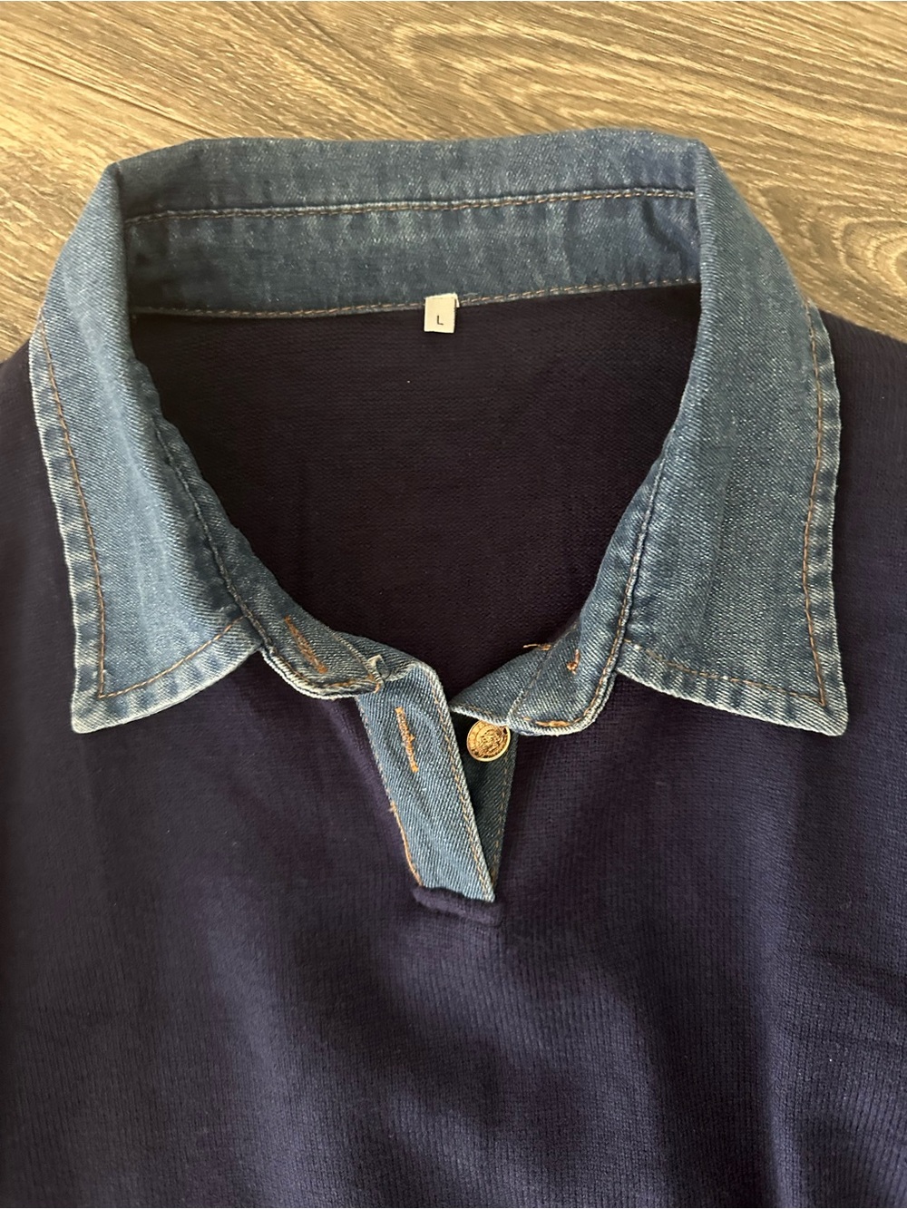 Navy Knit Sweater with Denim Collar and Cuffs - Picture 3 of 3